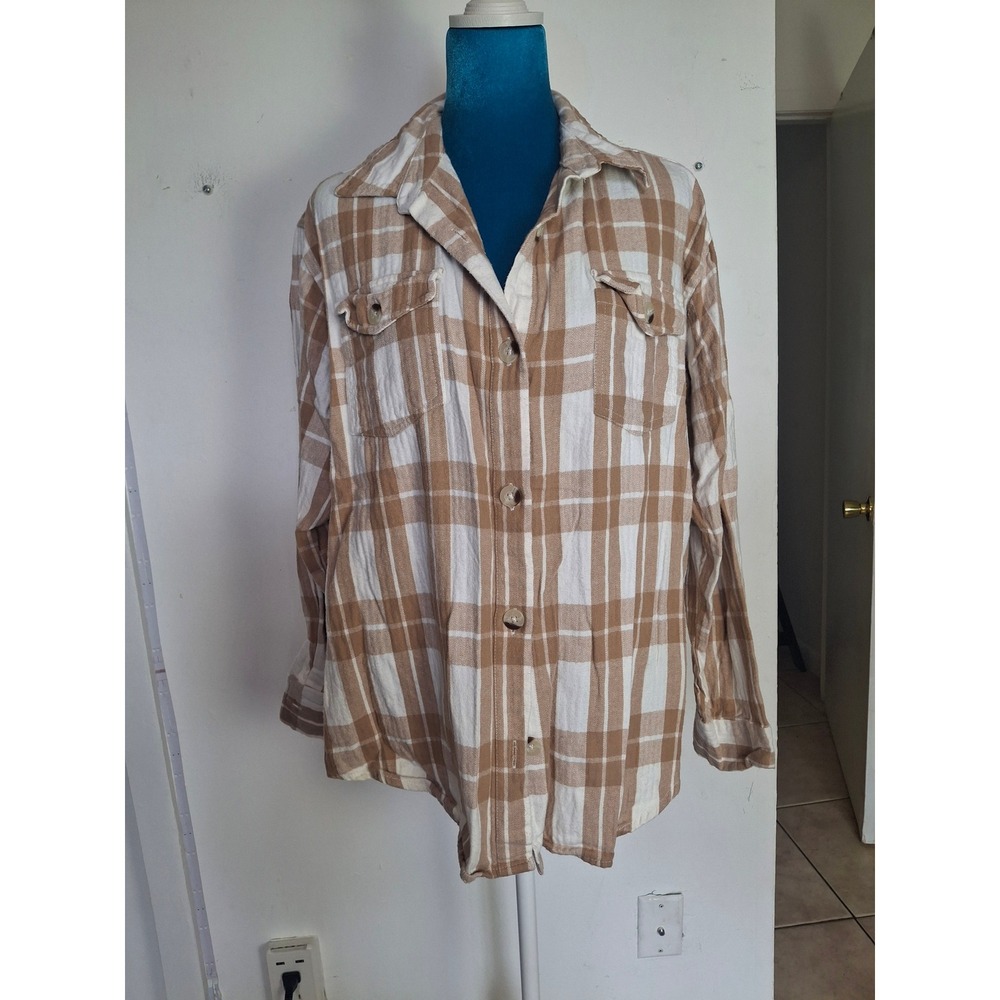 Japna Plaid Collection Tan Cream Button Down Cotton Shirt Large L RN 116696